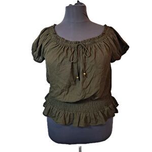 New Glory Womens Blouse Sz 3X Off The Shoulder Smocked Cropped Green Puff Sleeve